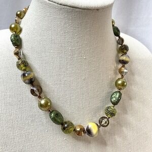 Vendome Coro Necklace Sugar Beads Austrian Crystal Art Glass Gold Green Tone 20"